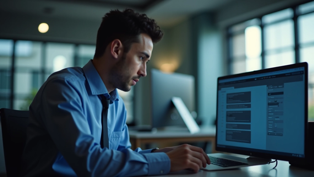 Técnico analisando requisitos do sistema no computador portátil